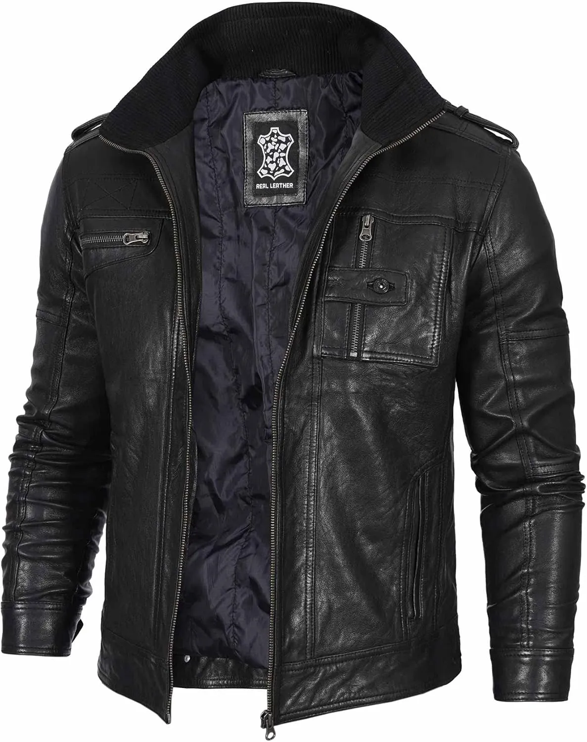 Decrum Mens Leather Jacket  Cafe Racer Style Casual Leather Jackets For Men