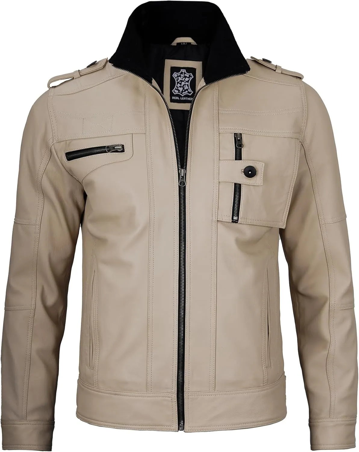 Decrum Mens Leather Jacket  Cafe Racer Style Casual Leather Jackets For Men