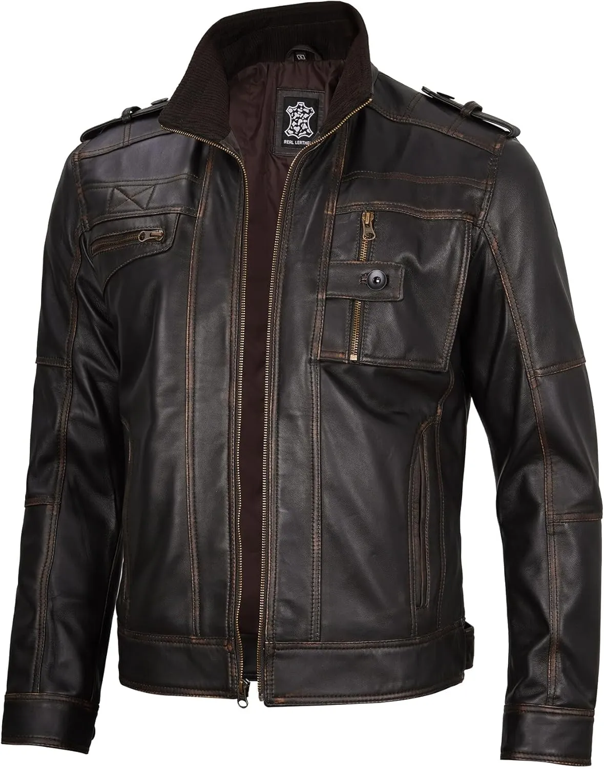 Decrum Mens Leather Jacket  Cafe Racer Style Casual Leather Jackets For Men