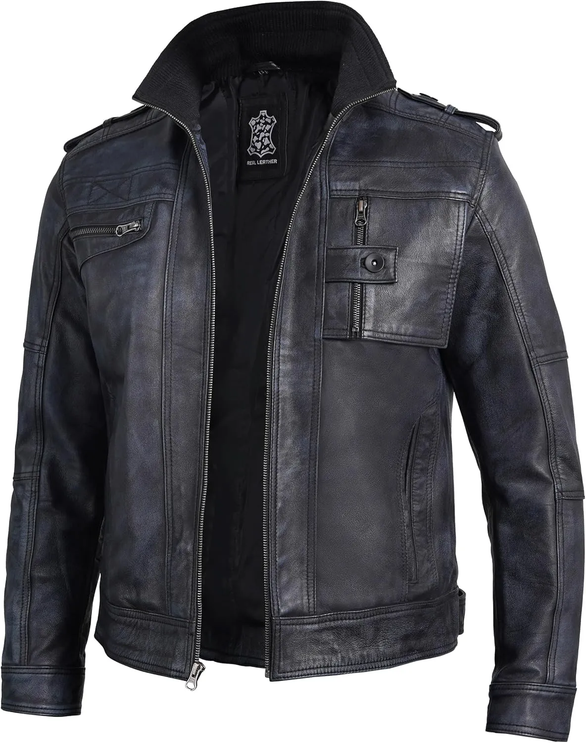 Decrum Mens Leather Jacket  Cafe Racer Style Casual Leather Jackets For Men