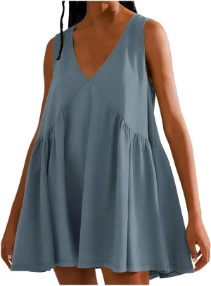 Deep V Neck Sleeveless Mini Dress for Women Loose Flowy Babydoll Casual Summer Tunic Dress for Beach or Vacation