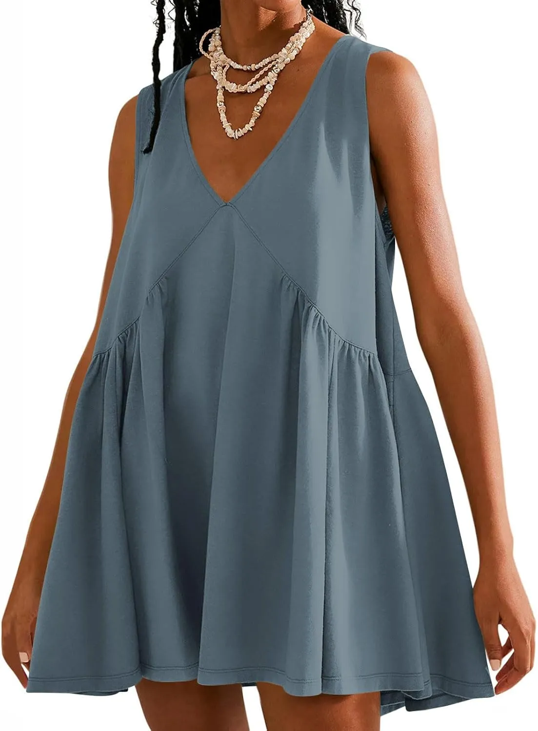 Deep V Neck Sleeveless Mini Dress for Women Loose Flowy Babydoll Casual Summer Tunic Dress for Beach or Vacation