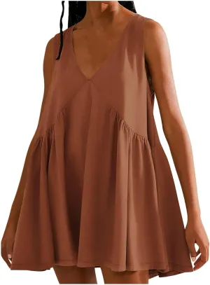 Deep V Neck Sleeveless Mini Dress for Women Loose Flowy Babydoll Casual Summer Tunic Dress for Beach or Vacation