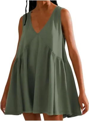 Deep V Neck Sleeveless Mini Dress for Women Loose Flowy Babydoll Casual Summer Tunic Dress for Beach or Vacation