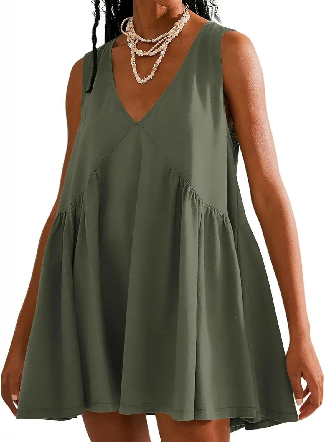 Deep V Neck Sleeveless Mini Dress for Women Loose Flowy Babydoll Casual Summer Tunic Dress for Beach or Vacation