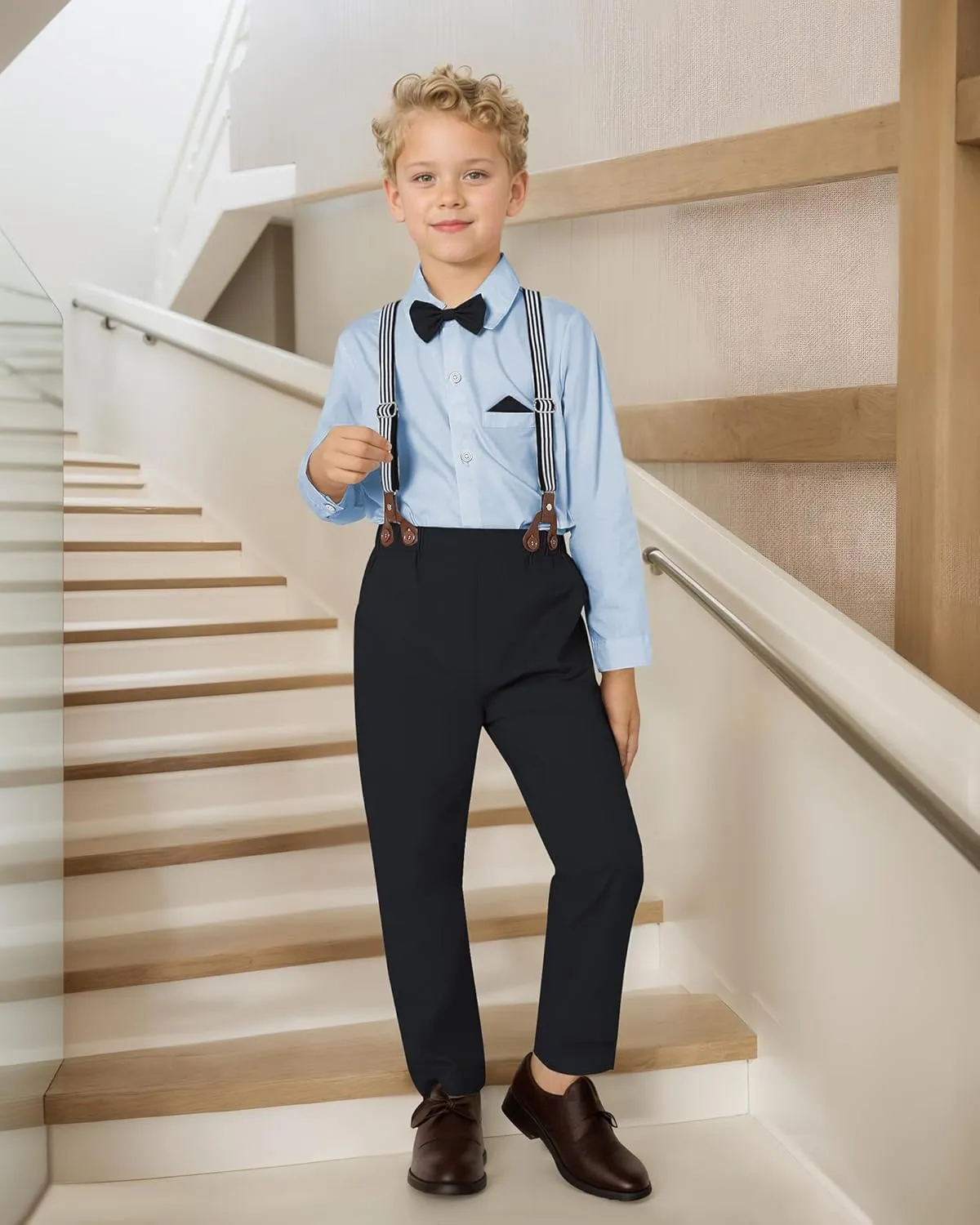 DISAUR Boy Suits Boys Wedding Outfit Dress Shirt with Bowtie/Suspender Pants for Formal Occasion 6-10 Years