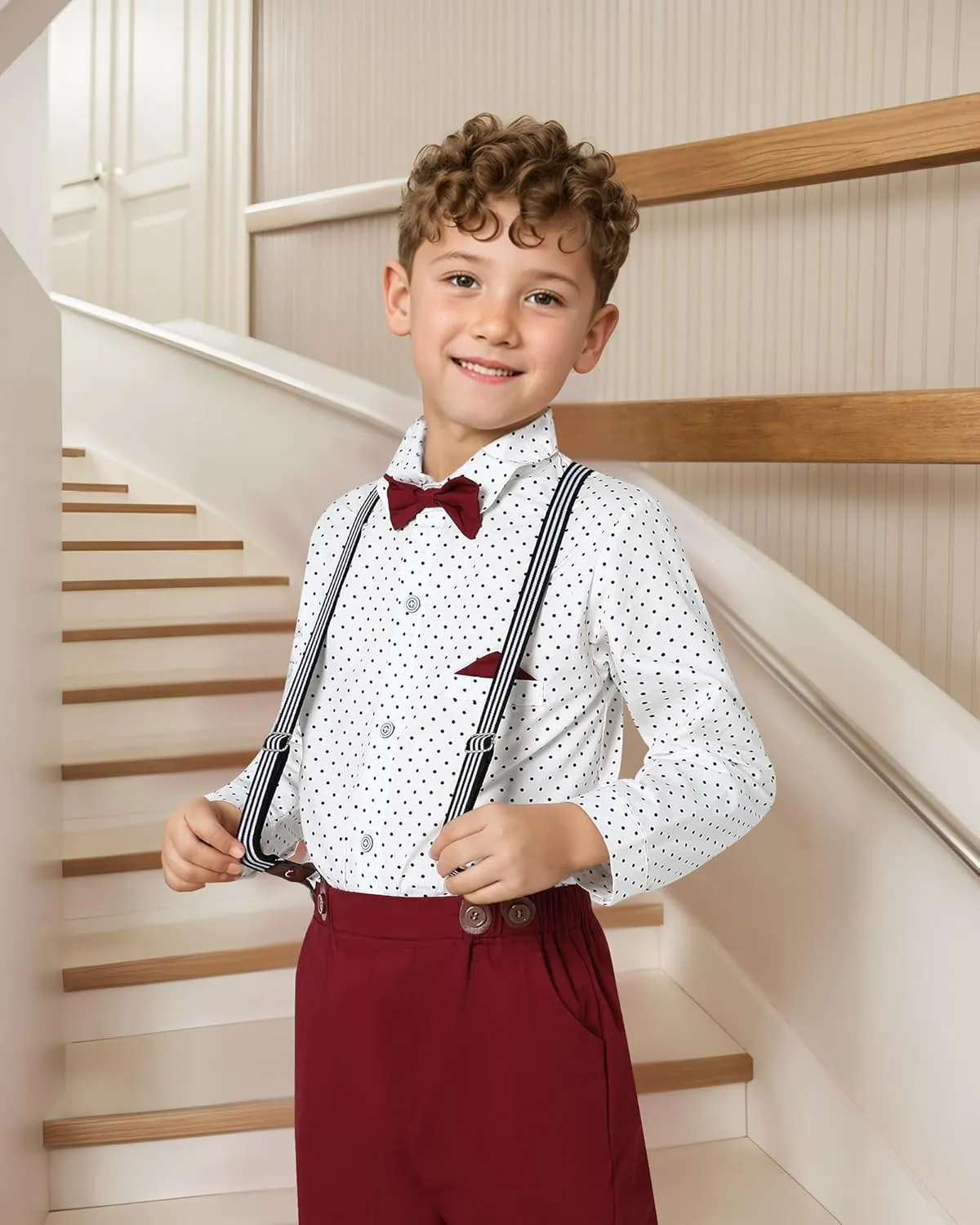 DISAUR Boy Suits Boys Wedding Outfit Dress Shirt with Bowtie/Suspender Pants for Formal Occasion 6-10 Years