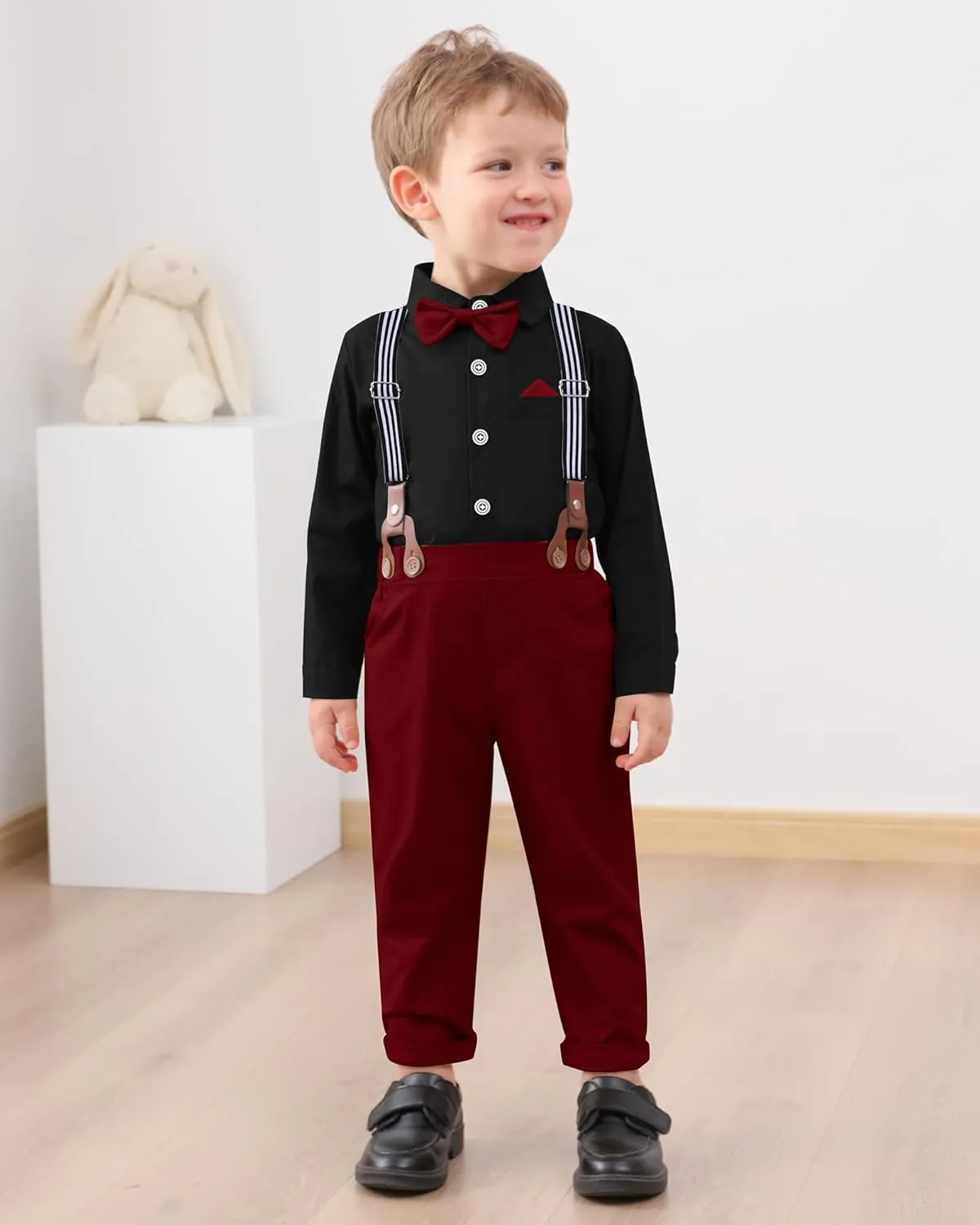 DISAUR Boy Suits Boys Wedding Outfit Dress Shirt with Bowtie/Suspender Pants for Formal Occasion 6-10 Years