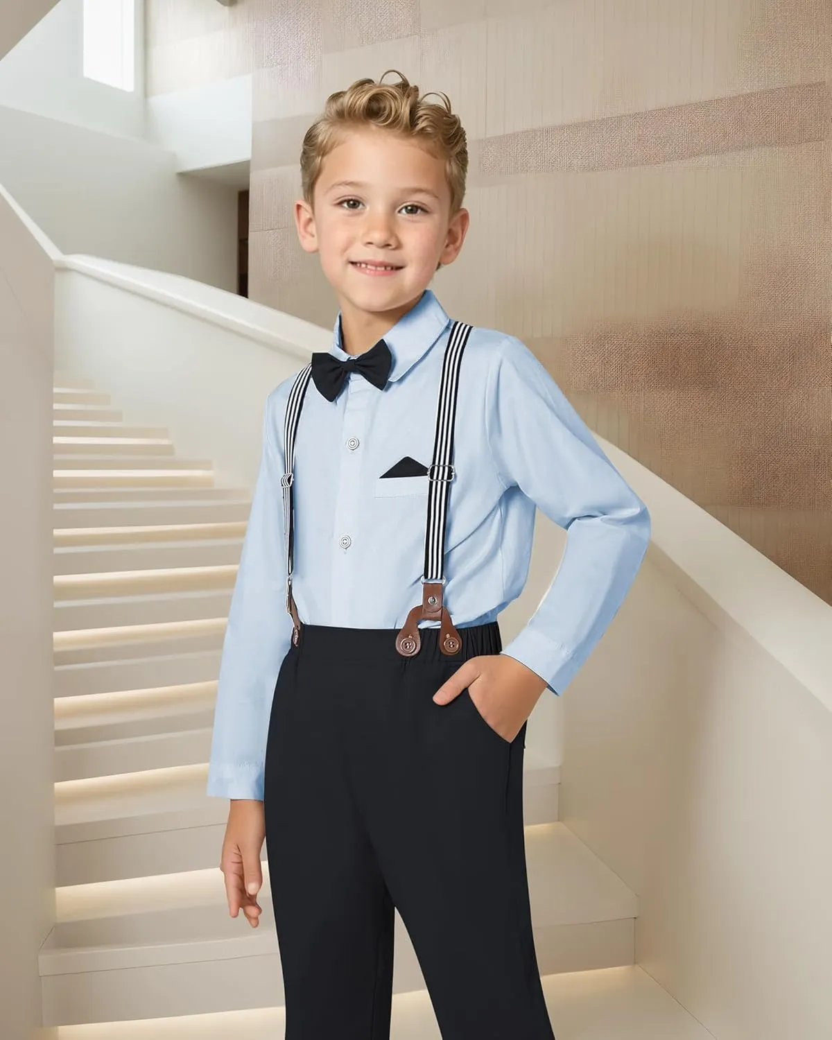 DISAUR Boy Suits Boys Wedding Outfit Dress Shirt with Bowtie/Suspender Pants for Formal Occasion 6-10 Years
