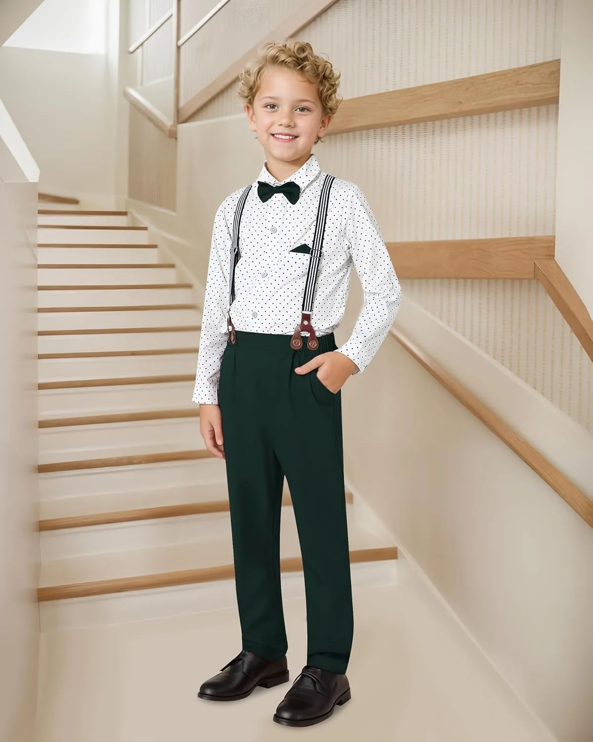 DISAUR Boy Suits Boys Wedding Outfit Dress Shirt with Bowtie/Suspender Pants for Formal Occasion 6-10 Years