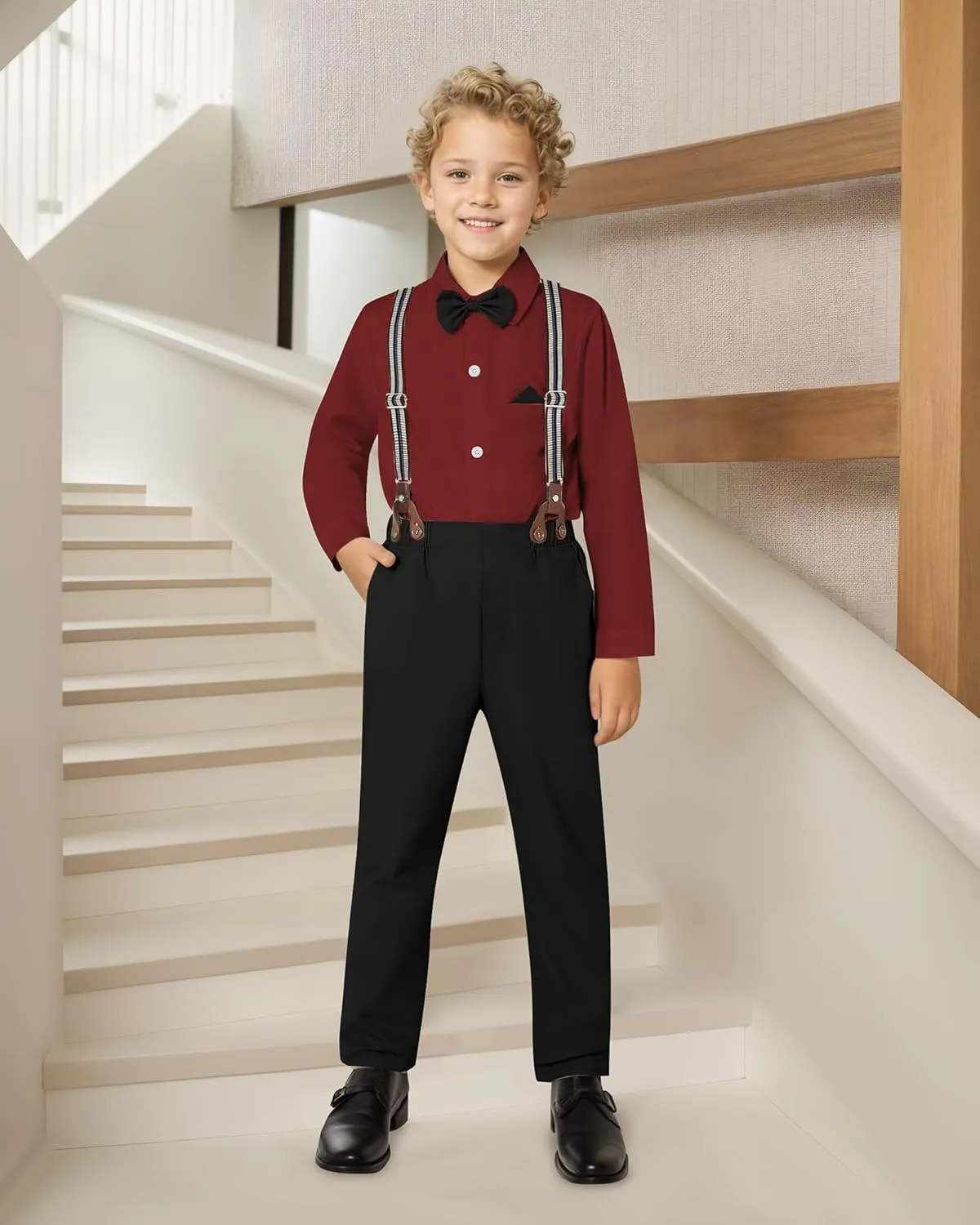 DISAUR Boy Suits Boys Wedding Outfit Dress Shirt with Bowtie/Suspender Pants for Formal Occasion 6-10 Years