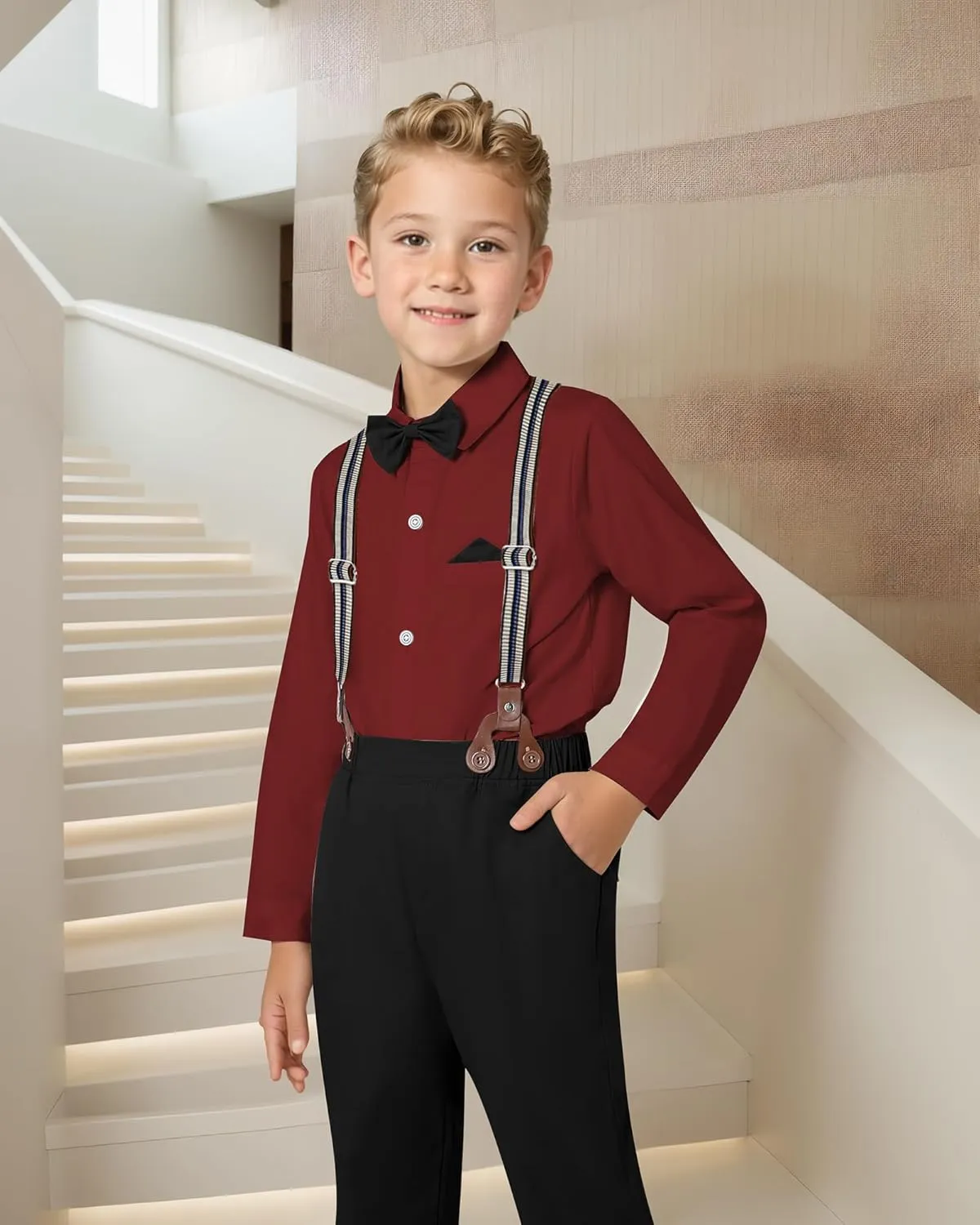 DISAUR Boy Suits Boys Wedding Outfit Dress Shirt with Bowtie/Suspender Pants for Formal Occasion 6-10 Years
