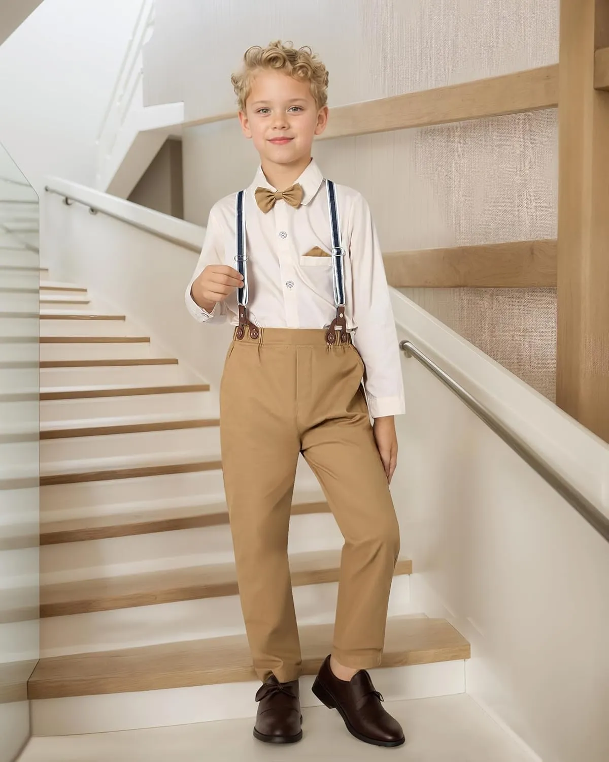 DISAUR Boy Suits Boys Wedding Outfit Dress Shirt with Bowtie/Suspender Pants for Formal Occasion 6-10 Years