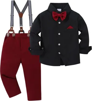 DISAUR Boy Suits Boys Wedding Outfit Dress Shirt with Bowtie/Suspender Pants for Formal Occasion 6-10 Years