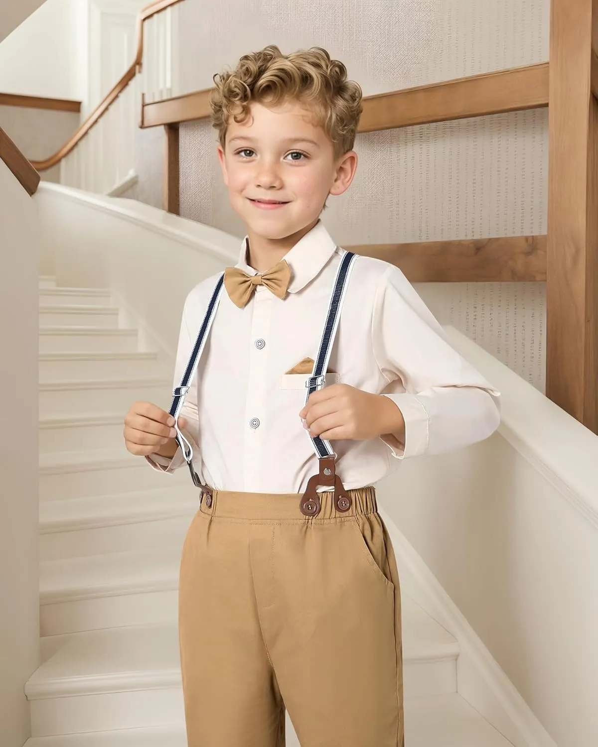 DISAUR Boy Suits Boys Wedding Outfit Dress Shirt with Bowtie/Suspender Pants for Formal Occasion 6-10 Years