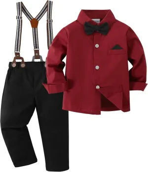 DISAUR Boy Suits Boys Wedding Outfit Dress Shirt with Bowtie/Suspender Pants for Formal Occasion 6-10 Years