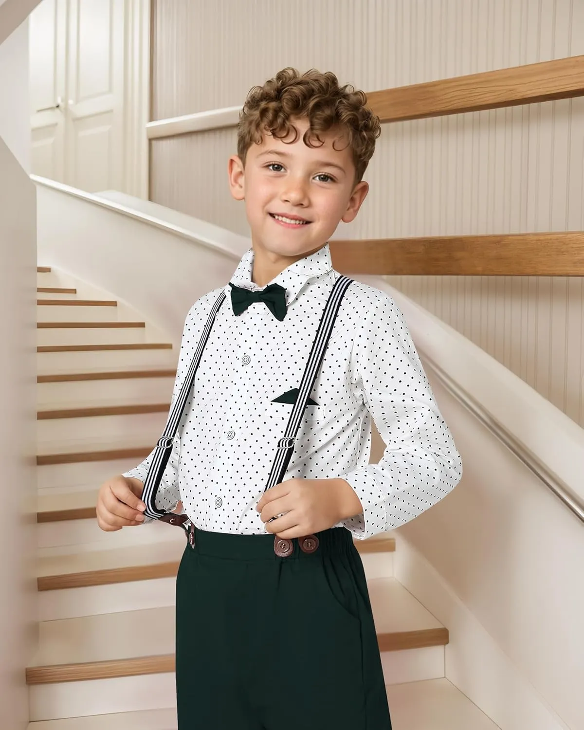 DISAUR Boy Suits Boys Wedding Outfit Dress Shirt with Bowtie/Suspender Pants for Formal Occasion 6-10 Years