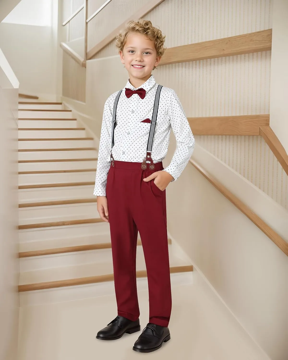 DISAUR Boy Suits Boys Wedding Outfit Dress Shirt with Bowtie/Suspender Pants for Formal Occasion 6-10 Years