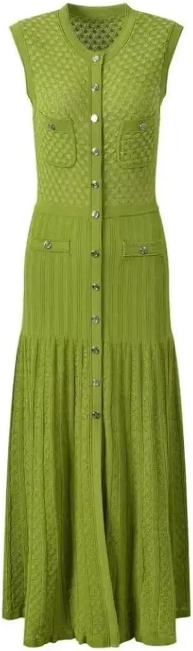 Dndrdhfb Women's Round Neck Knitted Skirt Sleeveless Single-Breasted Pleated Long Skirt Black Slim Dress
