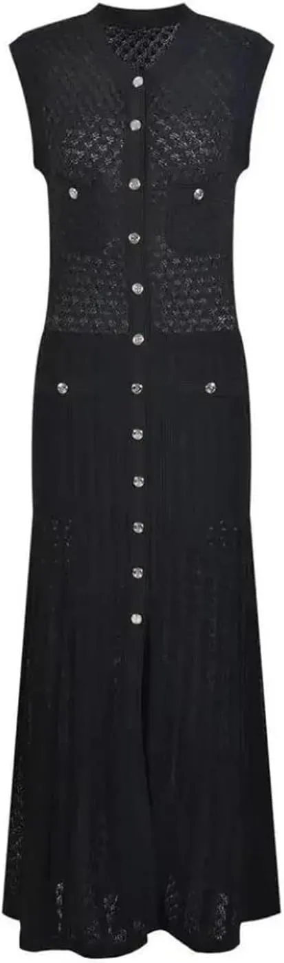 Dndrdhfb Women's Round Neck Knitted Skirt Sleeveless Single-Breasted Pleated Long Skirt Black Slim Dress