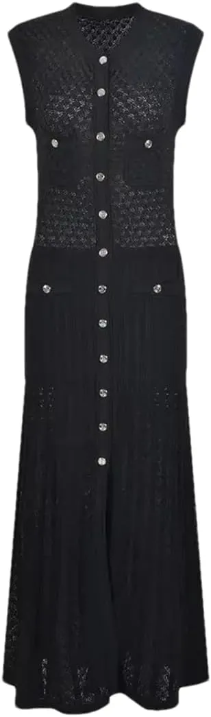 Dndrdhfb Women's Round Neck Knitted Skirt Sleeveless Single-Breasted Pleated Long Skirt Black Slim Dress