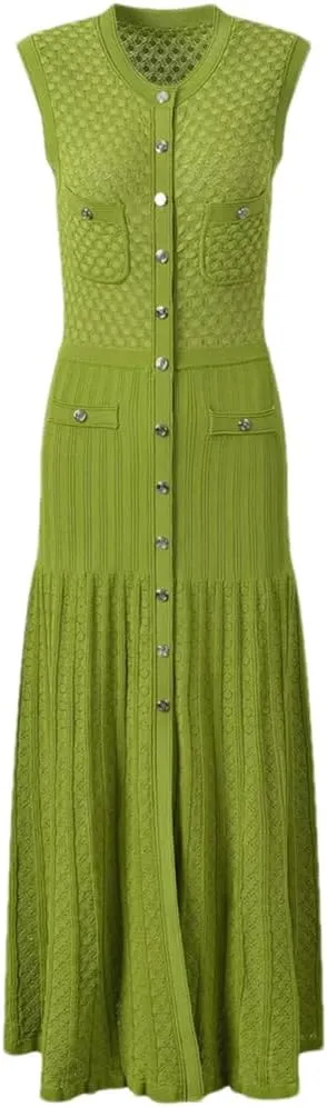 Dndrdhfb Women's Round Neck Knitted Skirt Sleeveless Single-Breasted Pleated Long Skirt Black Slim Dress