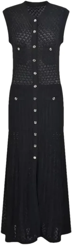 Dndrdhfb Women's Round Neck Knitted Skirt Sleeveless Single-Breasted Pleated Long Skirt Black Slim Dress