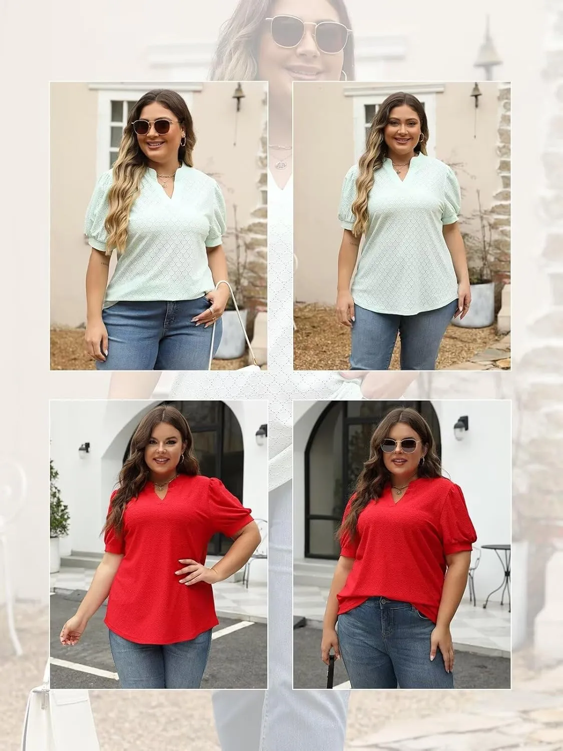 DOLNINE Womens Plus Size Tops Summer V Neck Eyelet Shirts Casual Puff Short Sleeve Tees