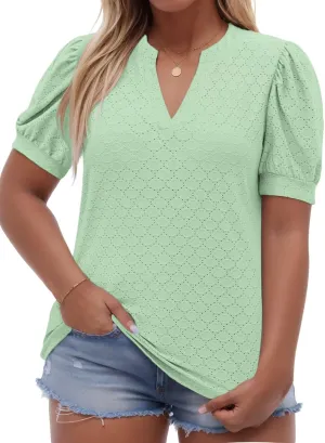 DOLNINE Womens Plus Size Tops Summer V Neck Eyelet Shirts Casual Puff Short Sleeve Tees