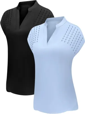 DOTIN Womens 2 Pack Golf Polo Shirts Short Sleeve V Neck Collared Quick Dry Tennis Sports Shirts Workout Tops
