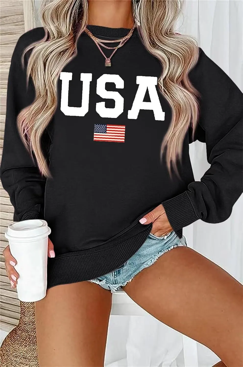 Dressmine Womens USA Shirt Casual Long Sleeve Graphic Tees Knit Crew Neck Sweatshirts Loose Pullover