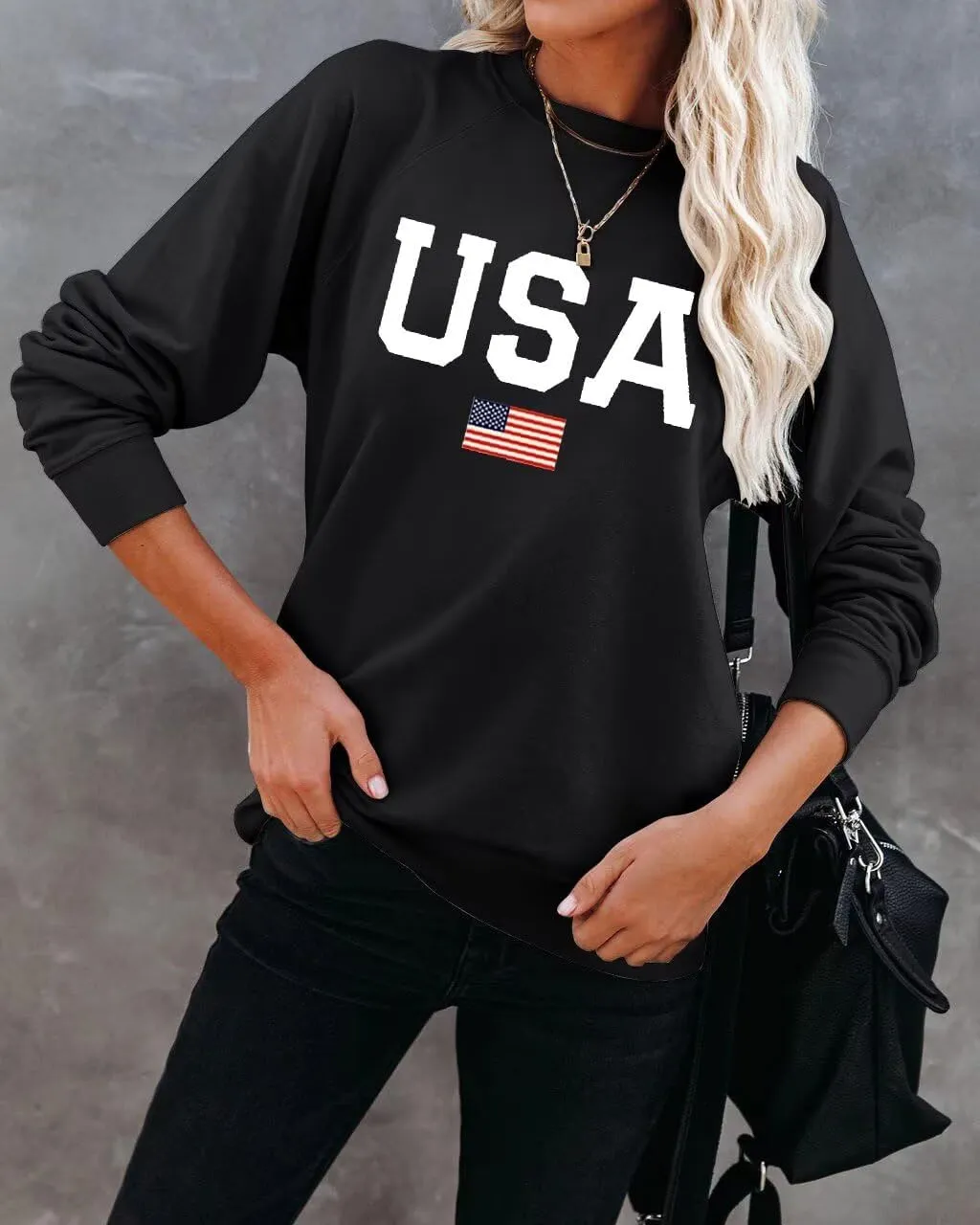 Dressmine Womens USA Shirt Casual Long Sleeve Graphic Tees Knit Crew Neck Sweatshirts Loose Pullover