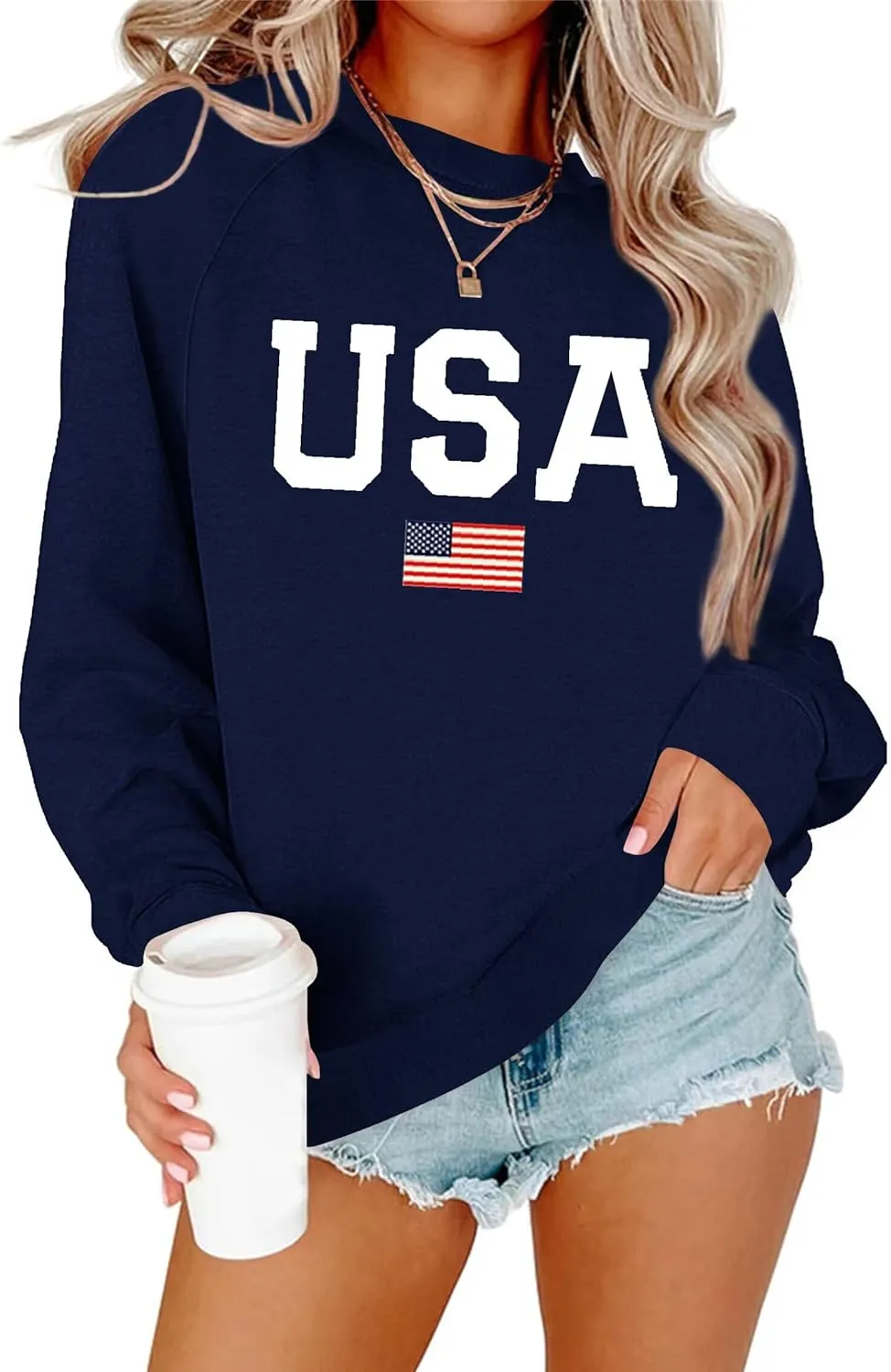 Dressmine Womens USA Shirt Casual Long Sleeve Graphic Tees Knit Crew Neck Sweatshirts Loose Pullover
