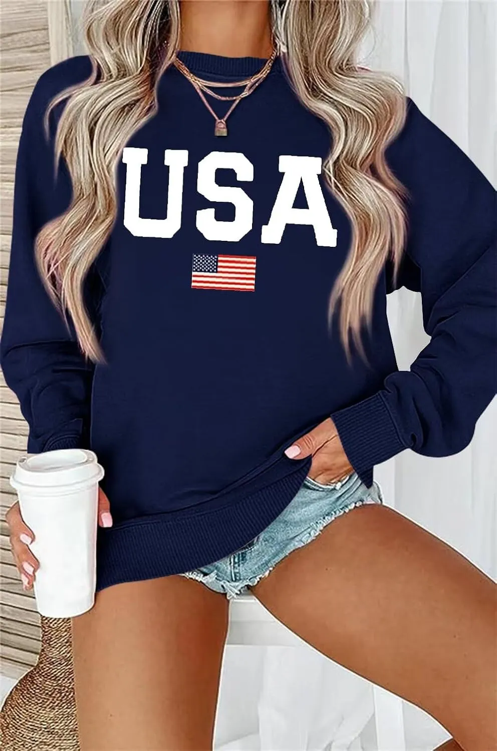 Dressmine Womens USA Shirt Casual Long Sleeve Graphic Tees Knit Crew Neck Sweatshirts Loose Pullover