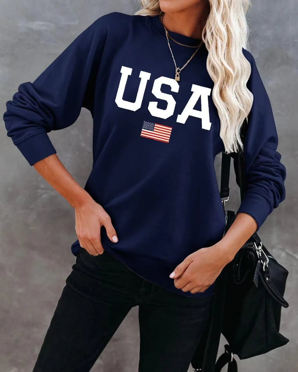 Dressmine Womens USA Shirt Casual Long Sleeve Graphic Tees Knit Crew Neck Sweatshirts Loose Pullover