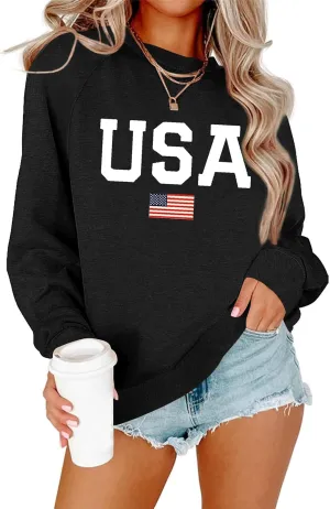 Dressmine Womens USA Shirt Casual Long Sleeve Graphic Tees Knit Crew Neck Sweatshirts Loose Pullover