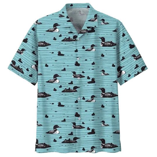 Duck Hawaiian Shirt, Duck Button Up Shirt- Short Sleeve Summer Shirt, Black Duck Hawaiian Shirt