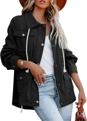 Ebifin Womens Military Anorak Jacket Zip Up Snap Buttons Lightweight Safari Utility Coat Outwear With Pockets