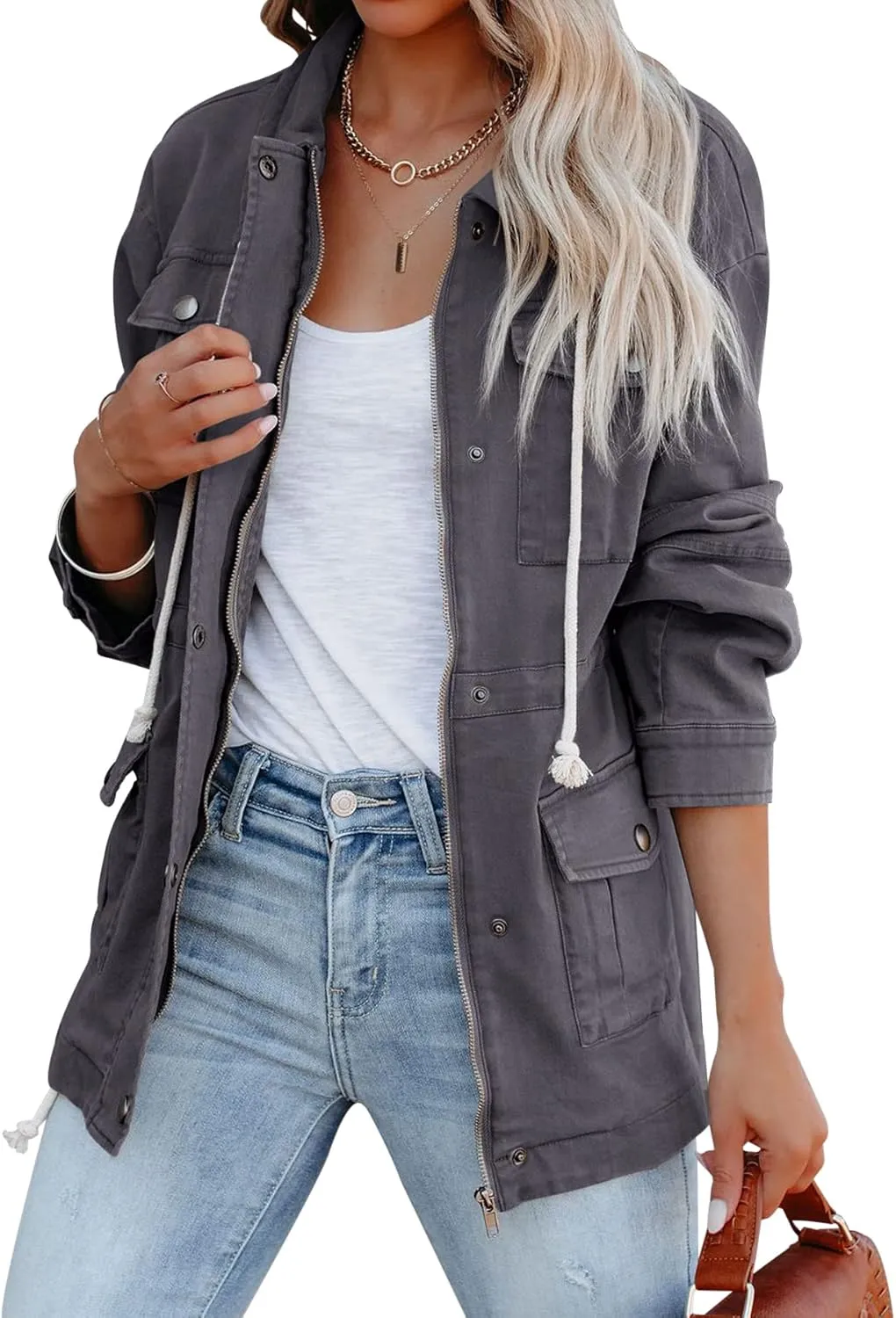 Ebifin Womens Military Anorak Jacket Zip Up Snap Buttons Lightweight Safari Utility Coat Outwear With Pockets
