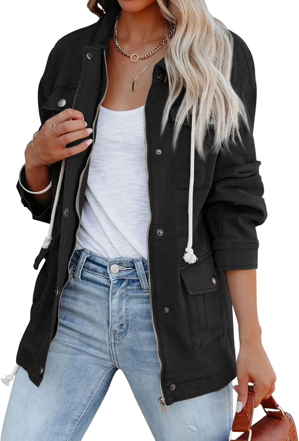 Ebifin Womens Military Anorak Jacket Zip Up Snap Buttons Lightweight Safari Utility Coat Outwear With Pockets