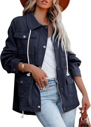 Ebifin Womens Military Anorak Jacket Zip Up Snap Buttons Lightweight Safari Utility Coat Outwear With Pockets