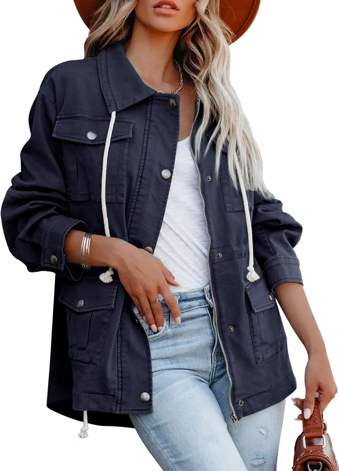 Ebifin Womens Military Anorak Jacket Zip Up Snap Buttons Lightweight Safari Utility Coat Outwear With Pockets
