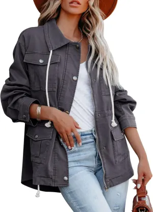 Ebifin Womens Military Anorak Jacket Zip Up Snap Buttons Lightweight Safari Utility Coat Outwear With Pockets