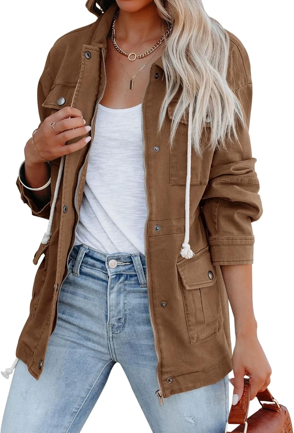 Ebifin Womens Military Anorak Jacket Zip Up Snap Buttons Lightweight Safari Utility Coat Outwear With Pockets