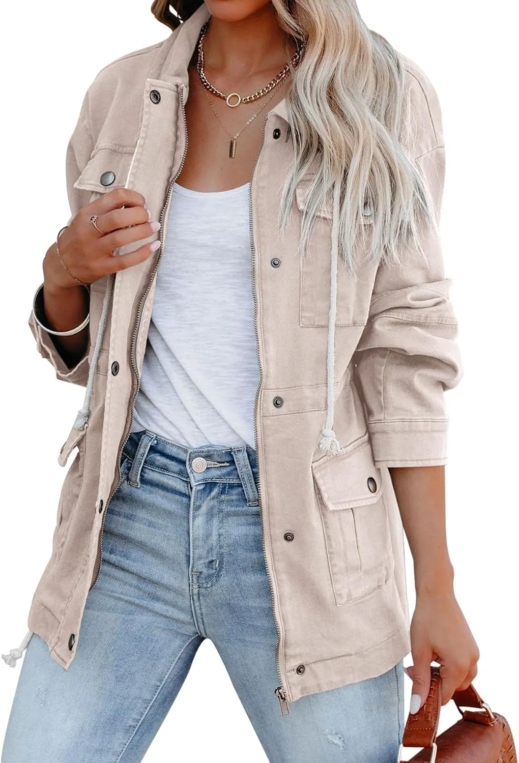 Ebifin Womens Military Anorak Jacket Zip Up Snap Buttons Lightweight Safari Utility Coat Outwear With Pockets