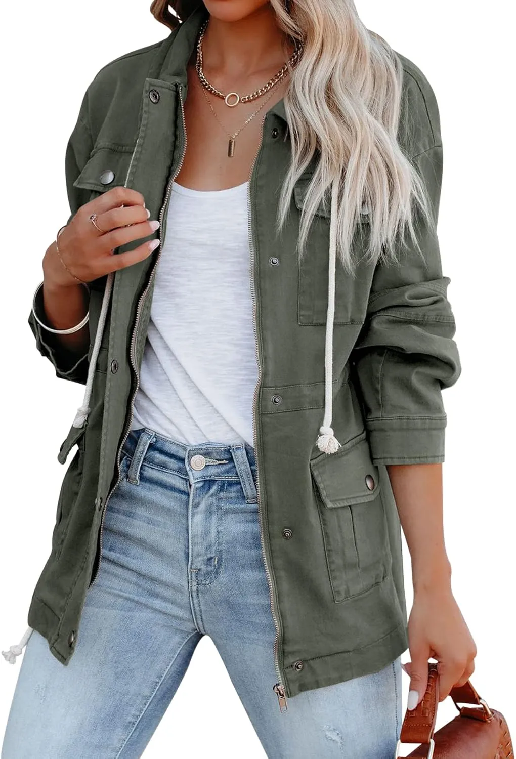 Ebifin Womens Military Anorak Jacket Zip Up Snap Buttons Lightweight Safari Utility Coat Outwear With Pockets