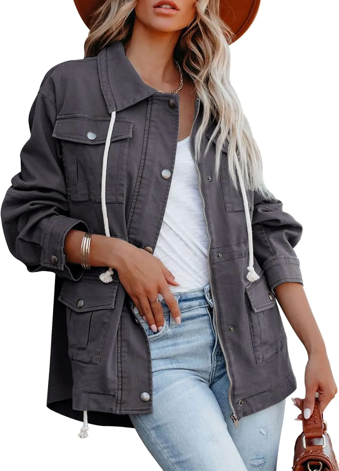 Ebifin Womens Military Anorak Jacket Zip Up Snap Buttons Lightweight Safari Utility Coat Outwear With Pockets