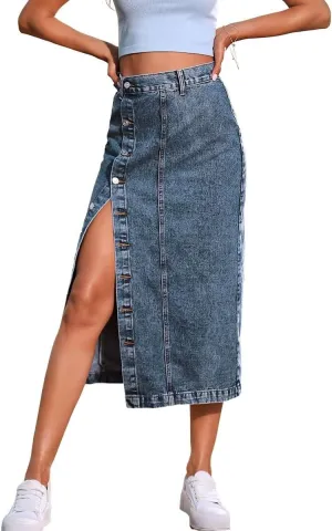 ebossy Women's High Waisted Button Front Bodycon Split Midi Denim Pencil Skirt
