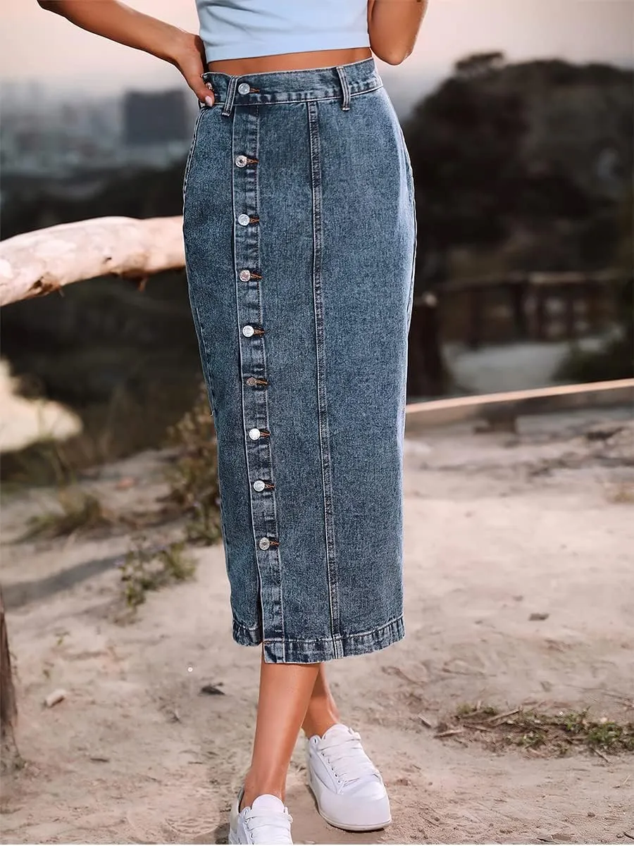 ebossy Women's High Waisted Button Front Bodycon Split Midi Denim Pencil Skirt