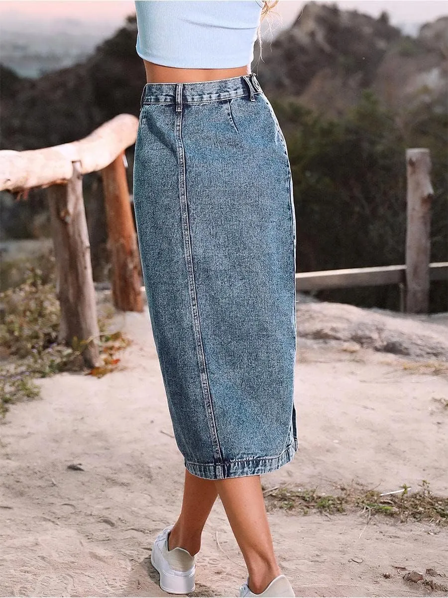 ebossy Women's High Waisted Button Front Bodycon Split Midi Denim Pencil Skirt